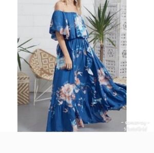 Jaase Flowy Ruffle Off The Shoulder Floral Blue Tiered‎ Maxi Dress Sz:S